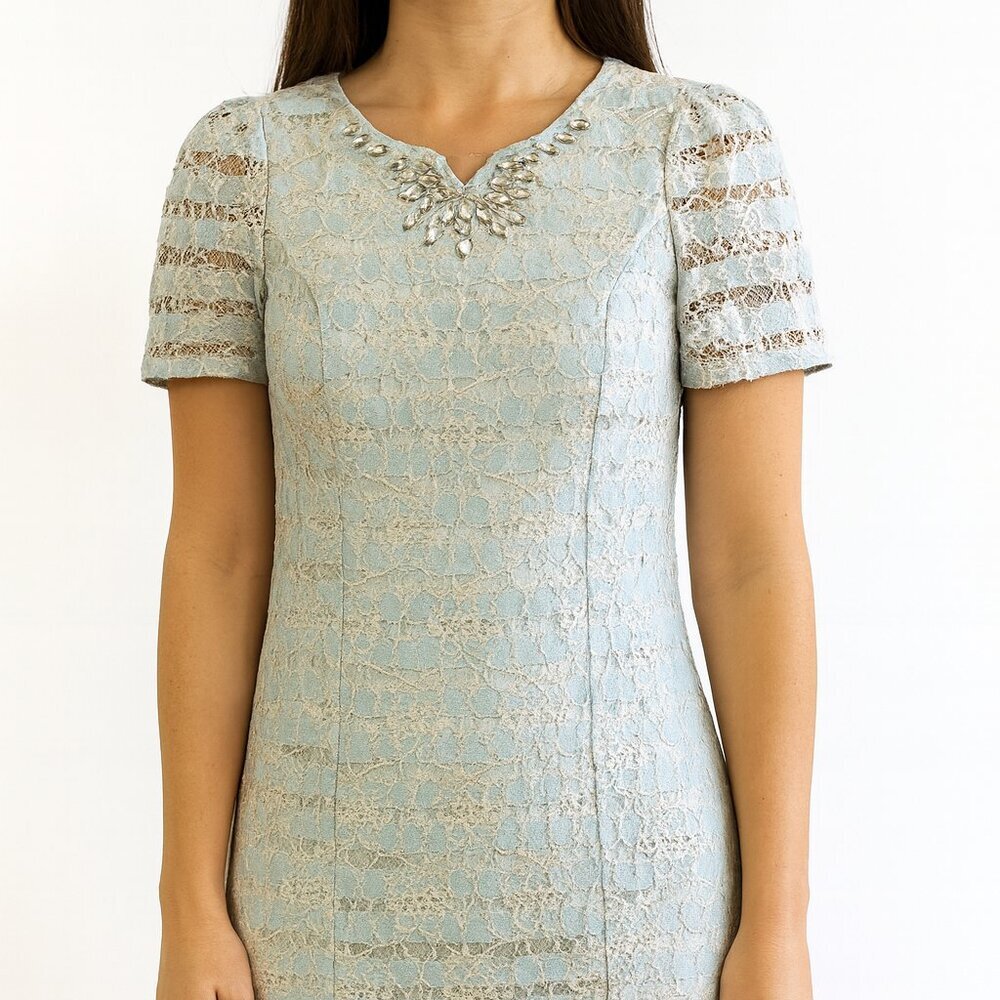 Blue lace embellished rhinestone dress